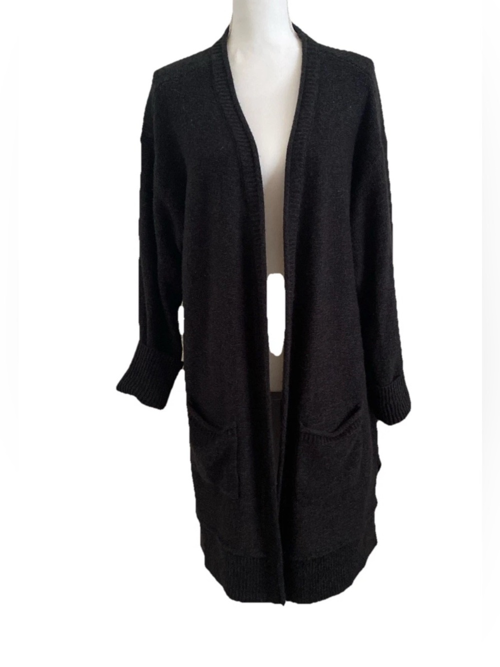Wonderly Black Open-Front Longline Cardigan with Patch Pockets